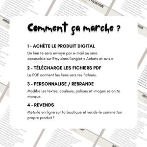May include: A white graphic with black text that reads "Comment &ccedil;a marche?" (How does it work?). The text explains the steps to purchase, download, personalize, and resell a digital product. The background features blurred documents.