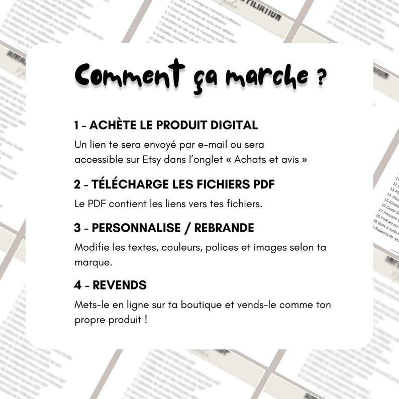 May include: A white graphic with black text that reads "Comment &ccedil;a marche?" (How does it work?). The text explains the steps to purchase, download, personalize, and resell a digital product. The background features blurred documents.