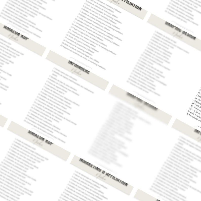 May include: A collection of lists with text in French, including "Marketing & Affiliation", "Infirmiere", and "Amazon Ad". The lists are on a white background with beige rectangular labels.