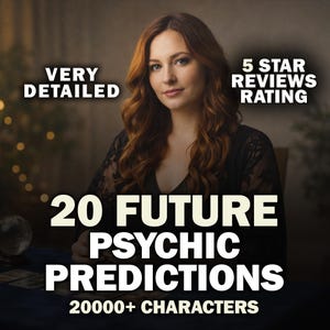 May include: A woman with long auburn hair is centered in the image. Text reads "VERY DETAILED" and "5 STAR REVIEWS RATING". The words "20 FUTURE PSYCHIC PREDICTIONS" and "20000+ CHARACTERS" are also displayed. The woman is wearing a black top.