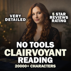 May include: A woman with long auburn hair is centered in the image. Text overlay reads "Very Detailed", "5 Star Reviews Rating", "No Tools Clairvoyant Reading", and "20000+ Characters". The woman is wearing a black top.