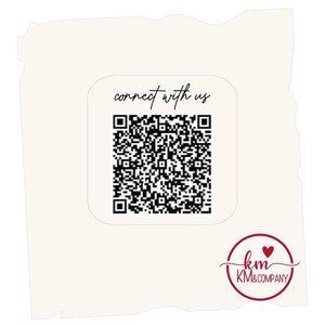 Peut inclure: Graphique cr&egrave;me avec un code QR et le texte "connect with us". Le coin inf&eacute;rieur droit pr&eacute;sente un logo avec le texte "km & company" &agrave; l'int&eacute;rieur d'un cercle rouge avec un c&oelig;ur.