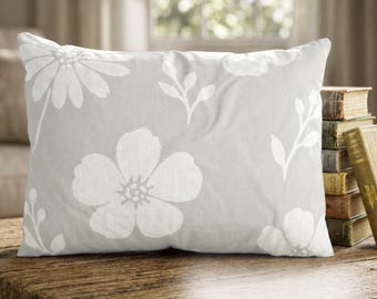 Neutral Gray Floral Pillow Sham, Light Gray Lumbar Pillow Cover, Farmhouse Cottage Decor, Cotton Sham Cover, Neutral Accent Pillow