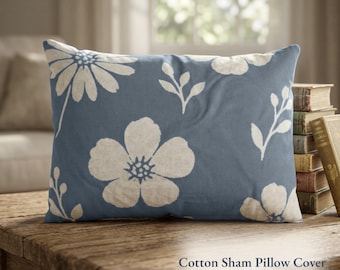 Slate Blue Floral Pillow Sham, Dusty Blue Lumbar Pillow Cover, Blue Gray Accent Pillow, Cottage Farmhouse Decor, Cotton Sham Cover