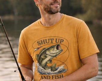 Cadeau amusant pour papa, t-shirt graphique de pêche vintage, chemise de plein air Tais-toi et pêche