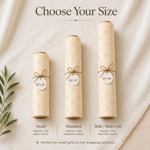 Floral wrapping paper rolls displayed in three sizes including 30x36, 30x72, and 30x180, perfect for small to bulk gift wrapping