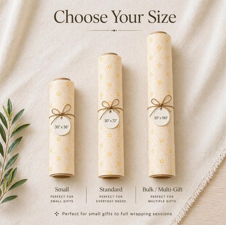 Floral wrapping paper rolls displayed in three sizes including 30x36, 30x72, and 30x180, perfect for small to bulk gift wrapping