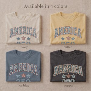 comfort colors patriotic shirts in ivory butter ice blue and pepper, america 250 vintage graphic tee colors