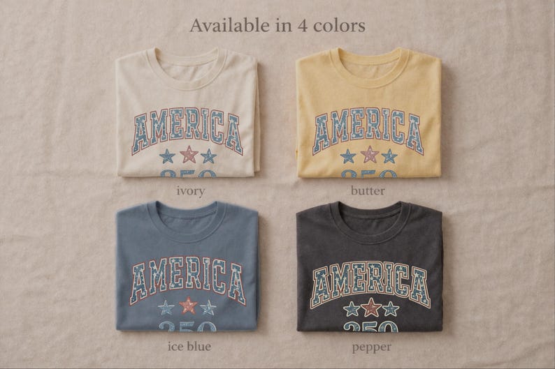 comfort colors patriotic shirts in ivory butter ice blue and pepper, america 250 vintage graphic tee colors