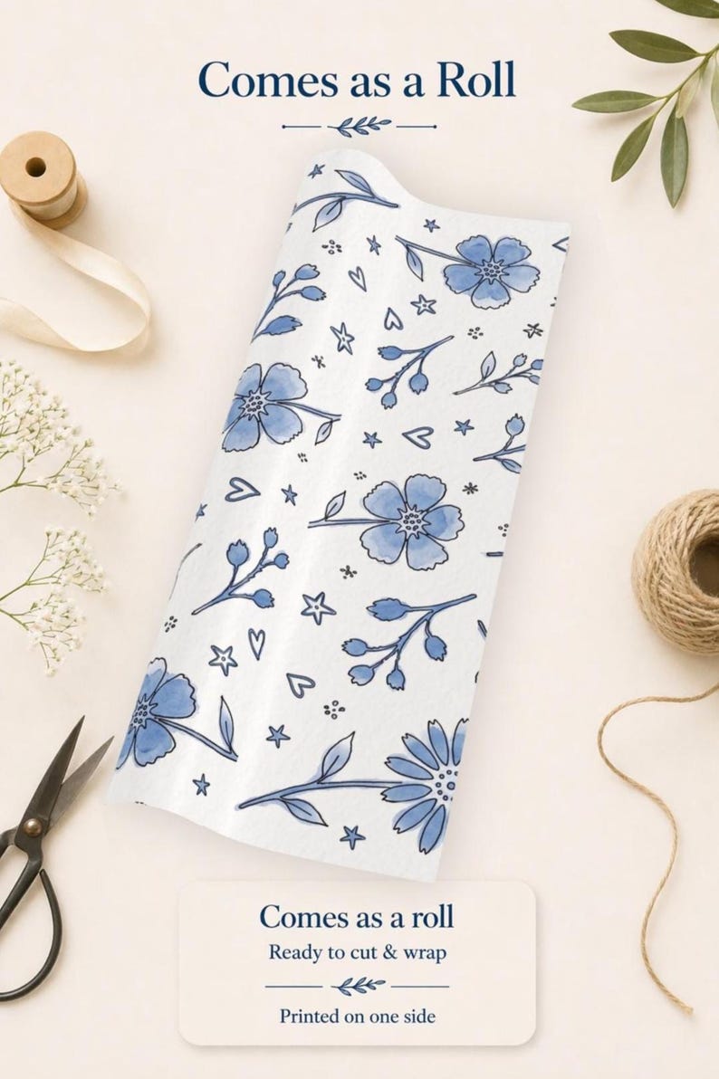 Wrapping paper roll showing floral design and product format ready to cut and wrap
