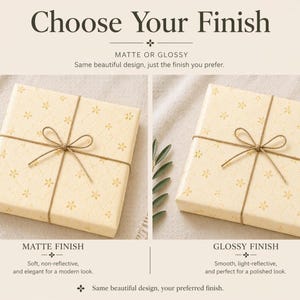 Matte vs glossy wrapping paper comparison showing floral gift wrap finishes with soft non-reflective and light-reflective shine options