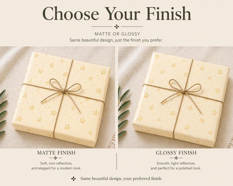 Matte vs glossy wrapping paper comparison showing floral gift wrap finishes with soft non-reflective and light-reflective shine options