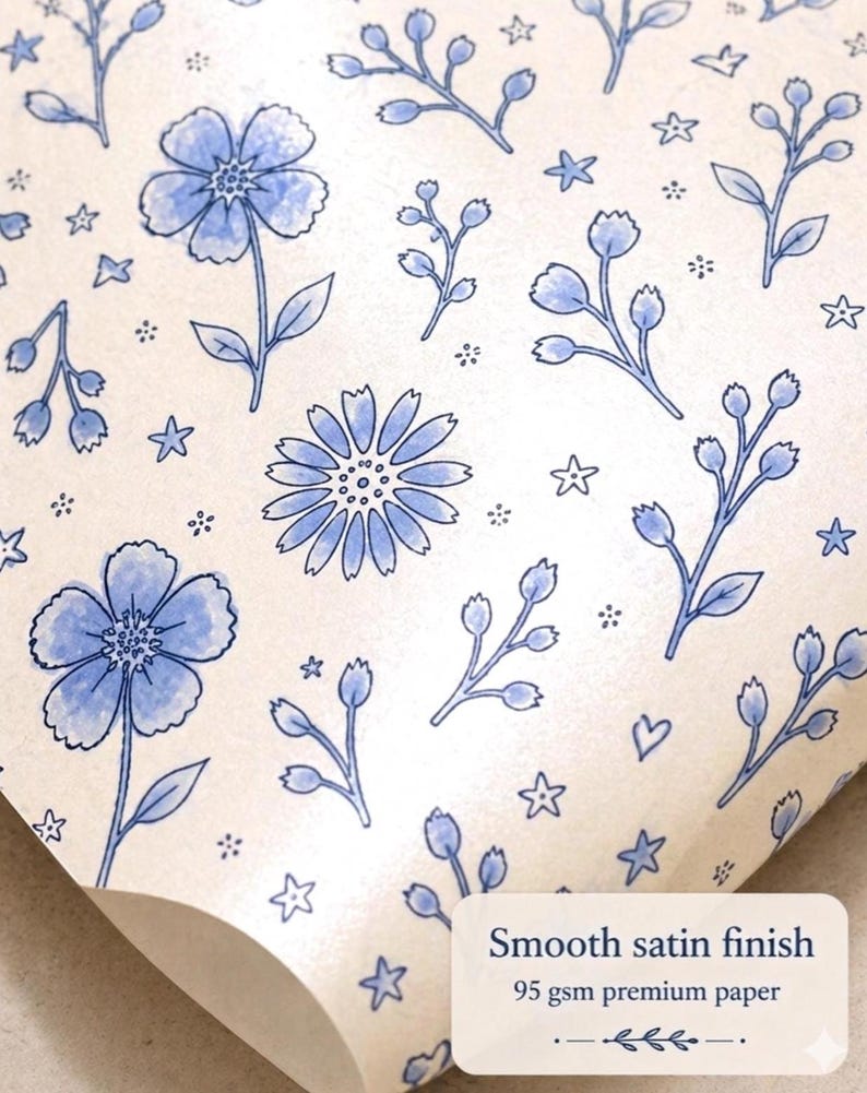 Close-up of floral wrapping paper showing smooth satin finish and hand-drawn blue floral details