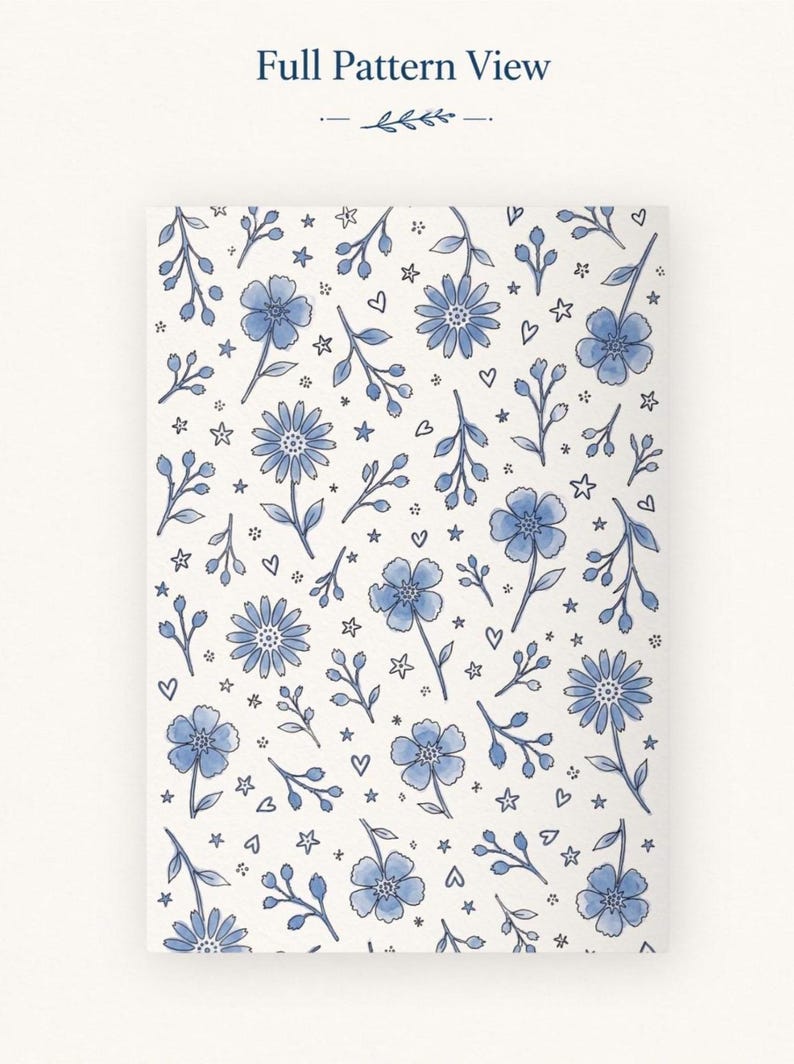Full pattern view of floral wrapping paper with blue flowers on a soft white background