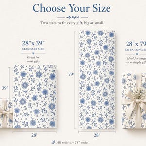 Wrapping paper size comparison showing 28x39 and 28x79 options for different gift sizes
