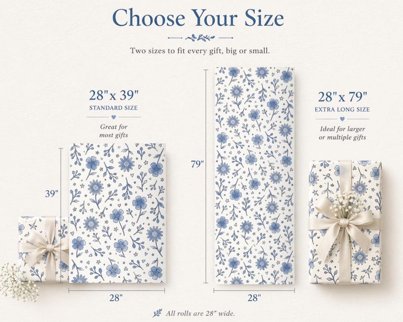 Wrapping paper size comparison showing 28x39 and 28x79 options for different gift sizes
