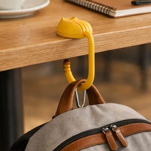 Può includere: Un gancio giallo da tavolo sostiene uno zaino grigio con dettagli in pelle marrone. Il gancio è attaccato a un tavolo di legno. Una tazza di caffè e un taccuino sono anche sul tavolo.