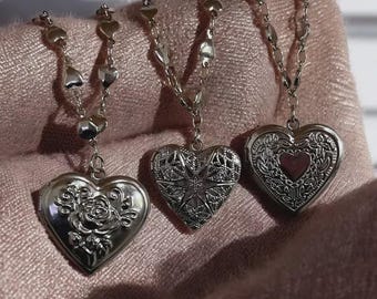 Romantic Heart Locket Pendant, Silver Stainless Steel Photo Frame Necklace