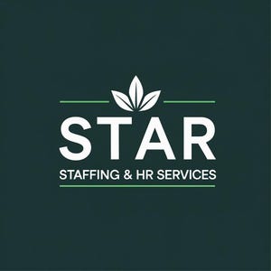 Może przedstawiać: Logo na ciemnozielonym tle. Słowo „STAR” dużymi białymi literami, poniżej „STAFFING & HR SERVICES” mniejszymi białymi literami. Biały wzór liścia znajduje się nad słowem „STAR”.