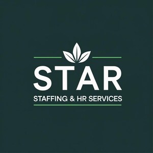 May include: A logo on a dark teal background. The word "STAR" is in large white capital letters, with "STAFFING & HR SERVICES" in smaller white letters below. A white leaf design sits above the word "STAR".