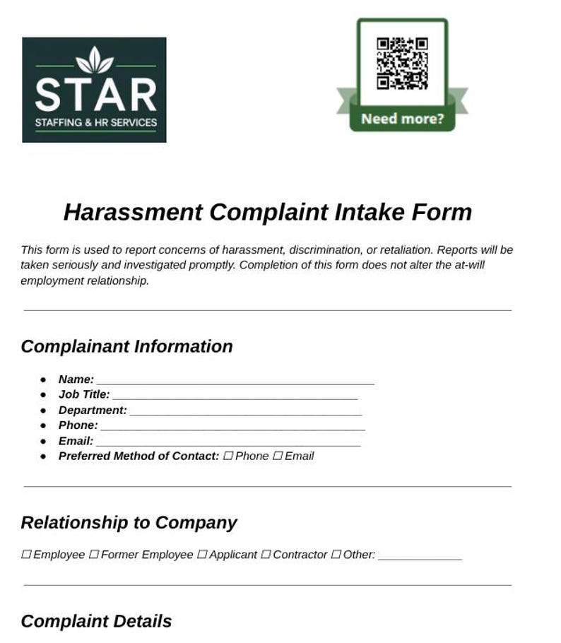 Harassment Complaint Intake Form - Etsy