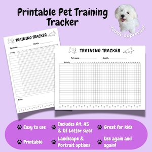 Könnte beinhalten: Zwei weiße, bedruckbare Trainings-Tracker für Haustiere mit dem Text "Printable Pet Training Tracker". Die Tracker enthalten Felder für den Namen des Haustiers, die Aktivität und einen Monatskalender. Zusätzlicher Text ist vorhanden.