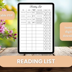 Könnte beinhalten: Eine digitale Leseliste auf einem Tablet. Die Liste enthält Spalten für Titel, Autor und Leseranking. Die Wörter "Reading List", "Printable PDF" und "Instant digital download" sind ebenfalls sichtbar.