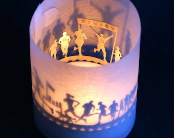 Marathon Gift Tube Shadow Play - Motif Candle for Runners: Silhouette Projection, Runner, Timer, Winner, Podium - Perfect Running Gift!