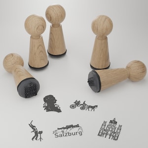 Jeu de tampons souvenir de Salzbourg - De superbes tampons en bois avec des monuments emblématiques, le cadeau parfait pour les passionnés de Salzbourg et les amateurs d'artisanat