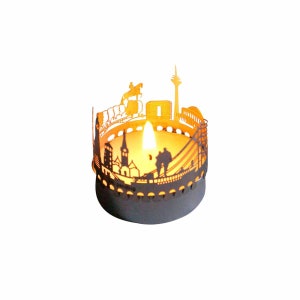 Düsseldorf-Skyline Windlicht Schattenspiel Souvenir, 3D Edelstahl Aufsatz für Kerze inkl. Karte