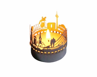 Dusseldorf candle votive skyline shadow play souvenir gift, 3D stainless steel attachment for candles inc postcard