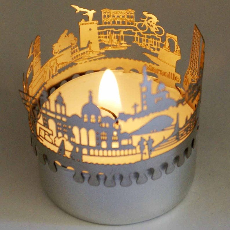Marseilles candle votive skyline shadow play souvenir gift 3D stainless steel attachment for candles inc postcard