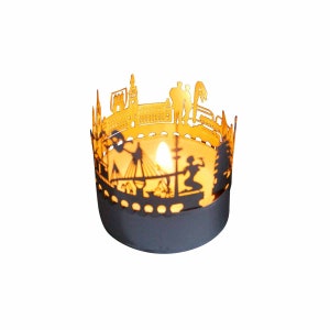 Hamburg-Skyline Windlicht Schattenspiel Souvenir, 3D Edelstahl Aufsatz für Kerze inkl. Karte