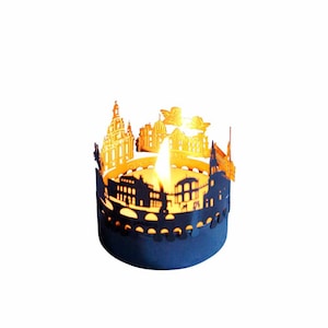 Dresden-Skyline Windlicht Schattenspiel Souvenir, 3D Edelstahl Aufsatz für Kerze inkl. Karte