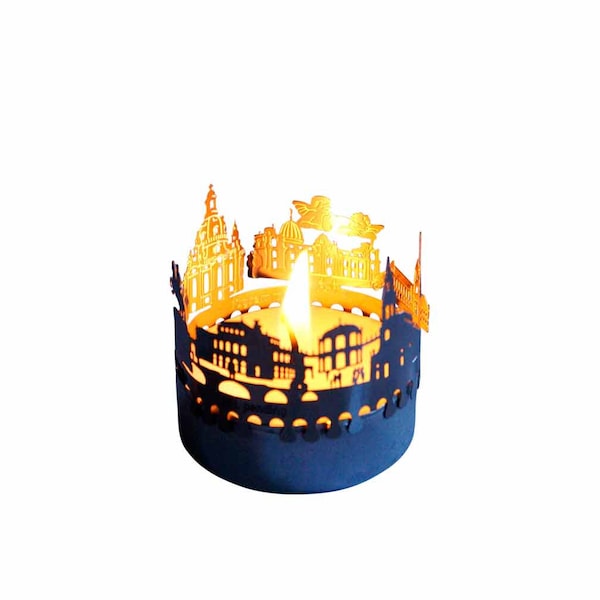 Dresden-Skyline Windlicht Schattenspiel Souvenir, 3D Edelstahl Aufsatz für Kerze inkl. Karte