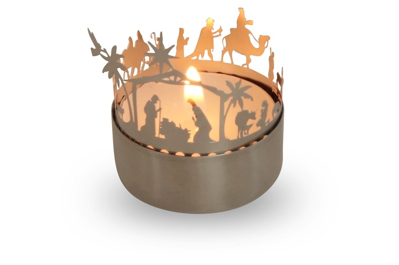 Nativity Scene candle votive shadow play gift, 3D stainless steel attachment for candles incl postcard image 5