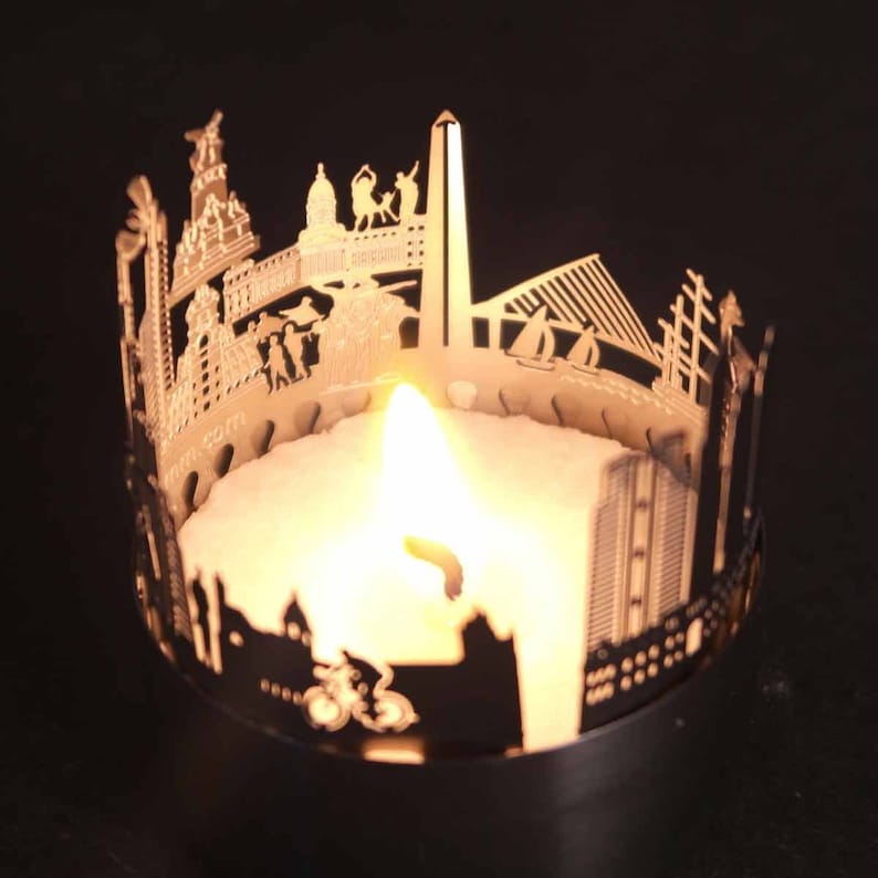 3D stainless steel attachment for candles inc postcard Buenos Aires candle votive skyline shadow play souvenir gift