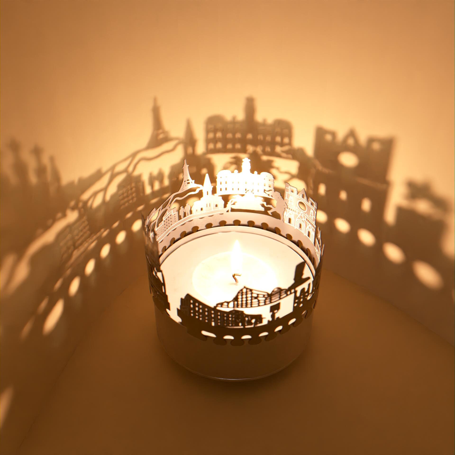 Lyon-Skyline - Photophore 3D En Acier Inoxydable Avec Carte - Décoration Lumineuse Aux Bougies