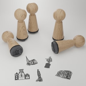 Jeu de tampons Moers - Beau souvenir avec des monuments et des motifs - Idée cadeau créative pour les amateurs de Moers - Tampons en bois de hêtre