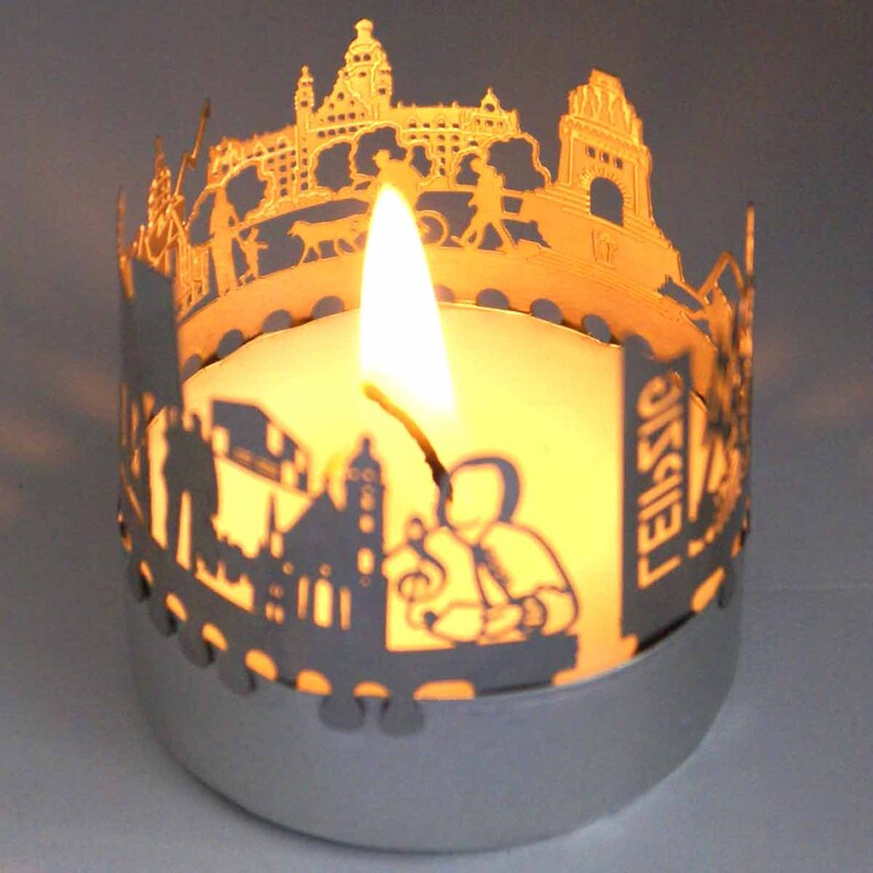 3D stainless steel attachment for candles inc postcard Leipzig candle votive skyline shadow play souvenir gift