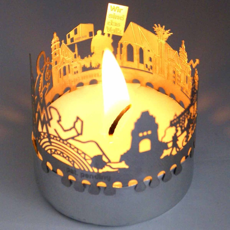 3D stainless steel attachment for candles inc postcard Leipzig candle votive skyline shadow play souvenir gift