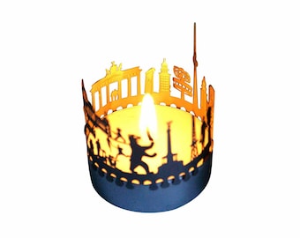 Berlin candle votive skyline shadow play souvenir gift, 3D stainless steel attachment for candles inc postcard