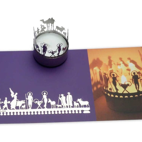 Nativity Scene candle votive shadow play gift, 3D stainless steel attachment for candles incl postcard