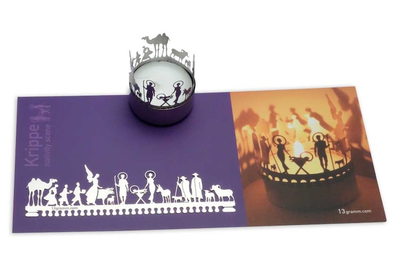 Nativity Scene candle votive shadow play gift, 3D stainless steel attachment for candles incl postcard image 1