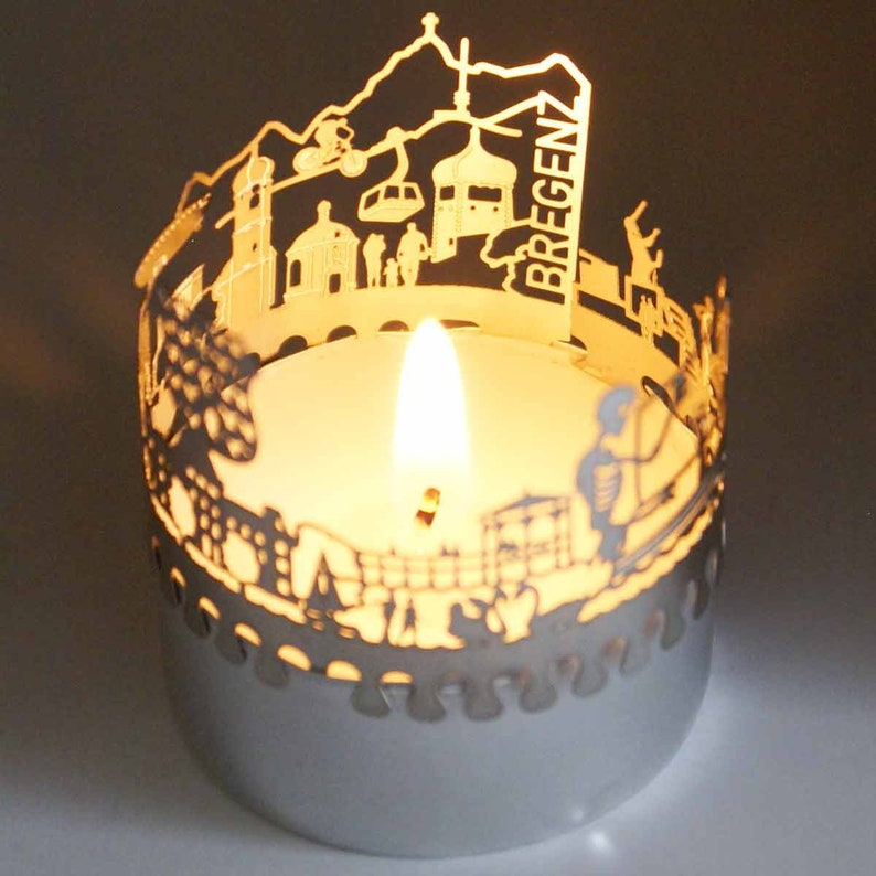 3D stainless steel attachment for candles inc postcard Bregenz candle votive skyline shadow play souvenir gift