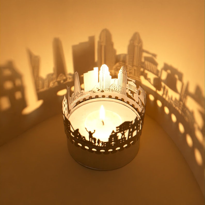 Philadelphia Skyline Shadow Play Lantern Candle Attachment, Souvenir Gift for Philly Fans, Silhouette Projection, Unique Home Decor image 3