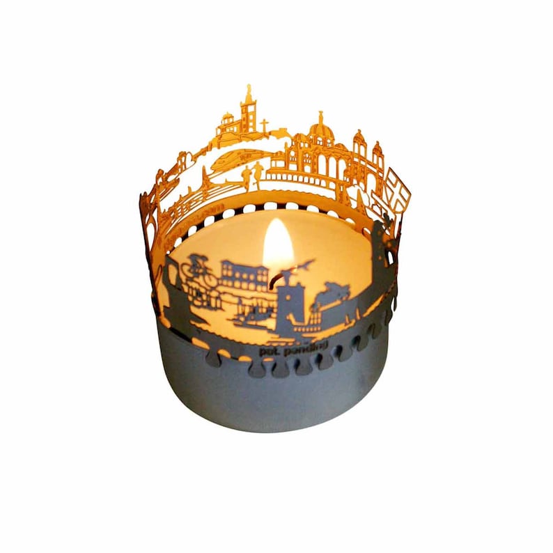 Marseilles candle votive skyline shadow play souvenir gift 3D stainless steel attachment for candles inc postcard