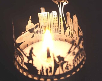 Seattle candle votive skyline shadow play souvenir gift, 3D stainless steel attachment for candles inc postcard