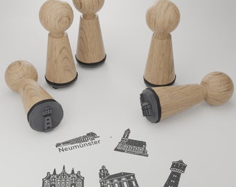 Neumünstel Stempelset - Kreative Geschenkidee mit bekannten Motiven und Sehenswürdigkeiten von Neumünster für begeisterte Stadtliebhaber