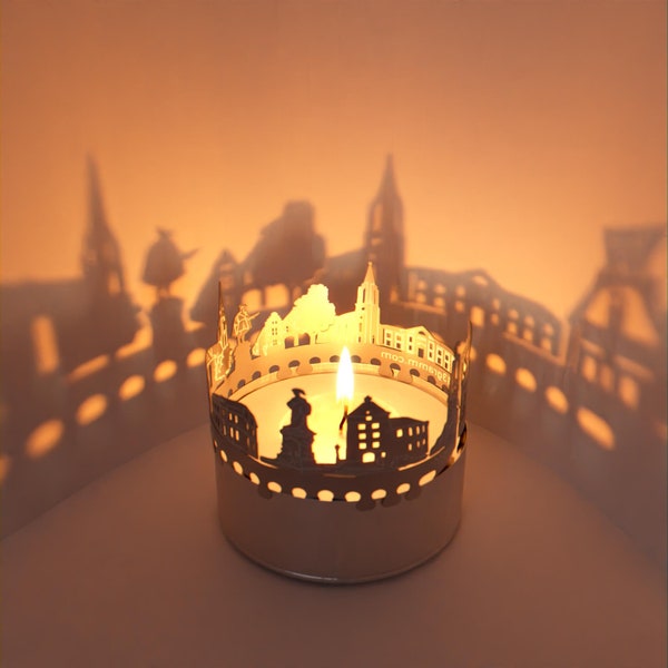 Moers Skyline Shadow Play - Haunting Candle Attachment for Eerie Room Ambience & Perfect Souvenir Gift - Halloween Lantern Projection